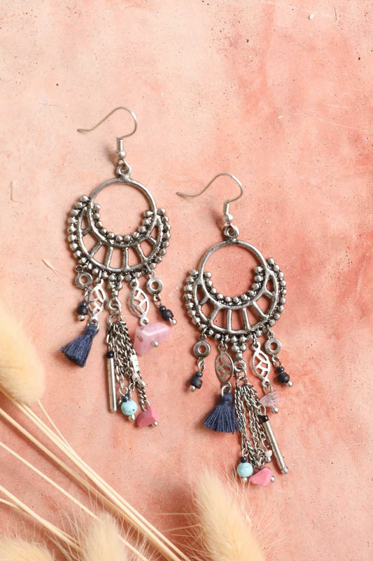 Dangling Rose Quartz & Fringe Earrings - Boho Vida