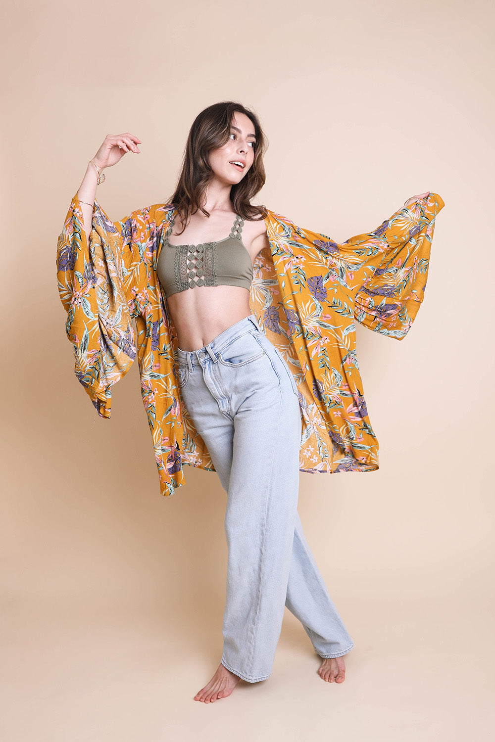 Tropical Leaves Draped Sleeve Kimono - Boho Vida