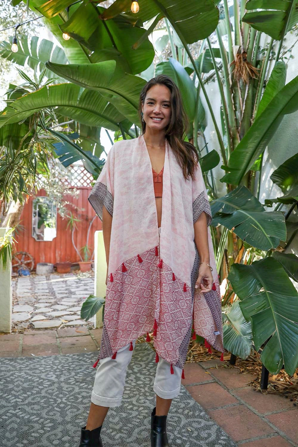 Tropical Leaves Draped Sleeve Kimono - Boho Vida