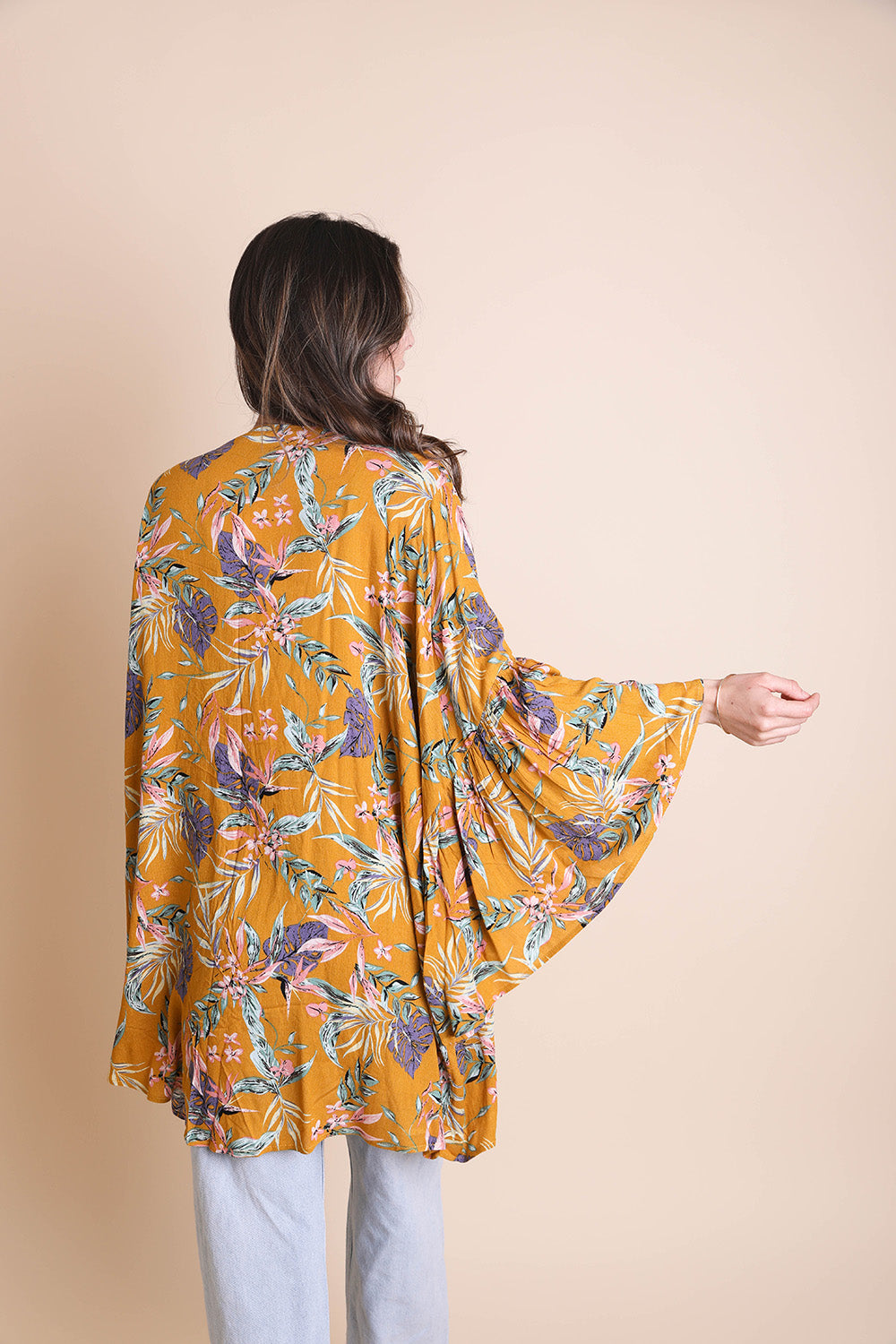 Tropical Leaves Draped Sleeve Kimono - Boho Vida