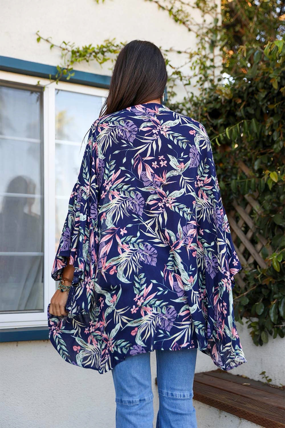 Tropical Leaves Draped Sleeve Kimono - Boho Vida