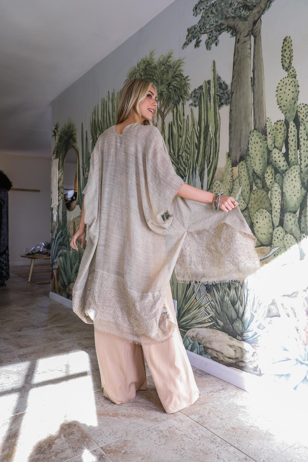 Sequin Detailed Frayed Kimono - Boho Vida