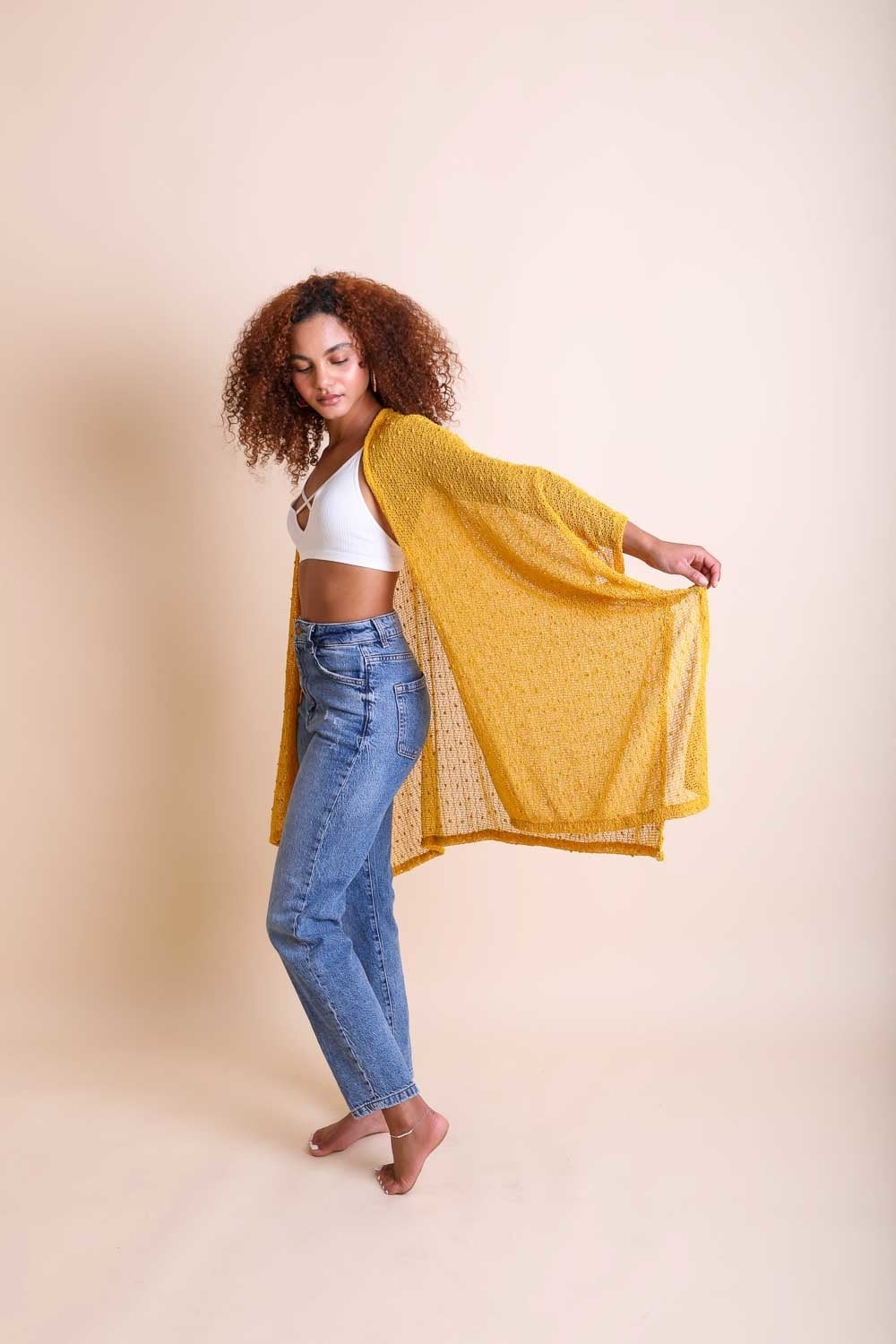 Mustard Pom Sequin Kimono - Boho Vida