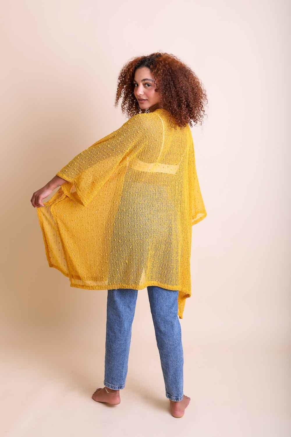 Mustard Pom Sequin Kimono - Boho Vida