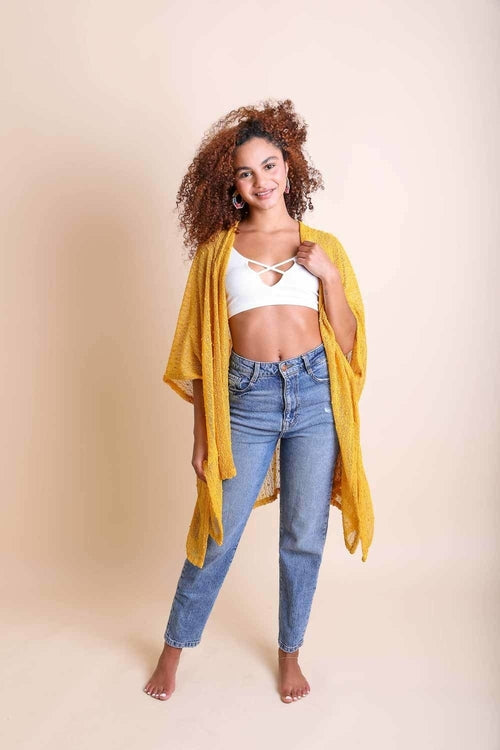 Mustard Pom Sequin Kimono - Boho Vida